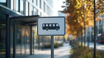 Fototapeta premium A white bus stop sign with a black bus symbol stands on a sidewalk in front of an office building.