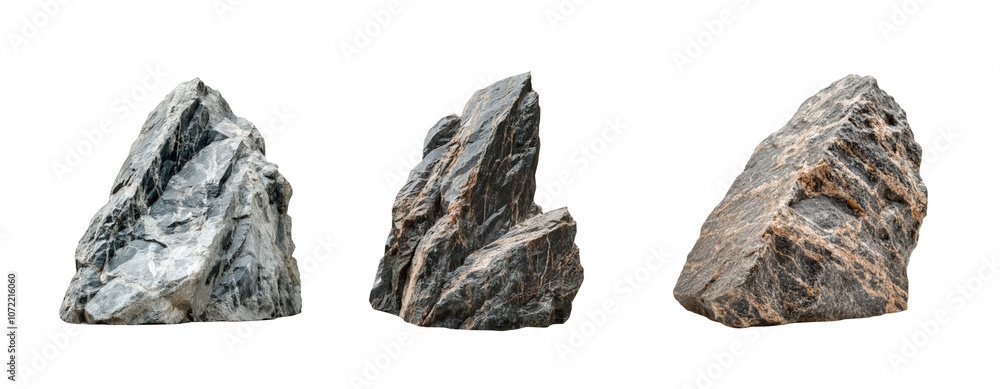 Poster three distinct rocks with unique textures and colors, isolated on a white background.