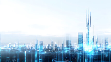 Obraz premium Futuristic city skyline with telecommunications towers and digital elements