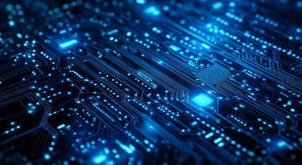 Close-up of a Blue Illuminated Circuit Board