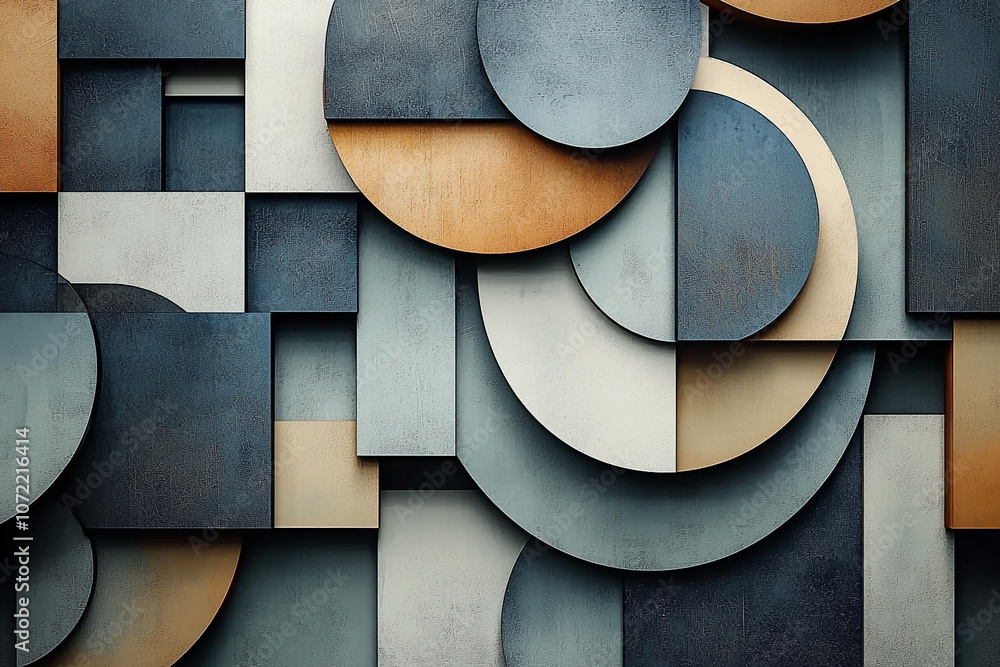 Poster geometric design with circles and squares in soft tones