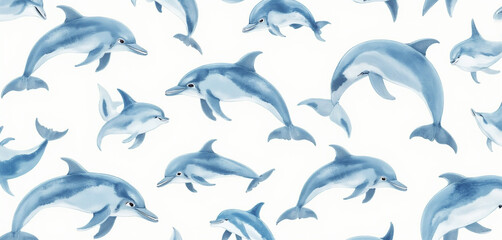 Fototapeta premium Playful dolphin pattern in watercolor with splashing waves
