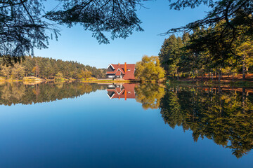 Bolu Golcuk Lake and famous house view with reflections.