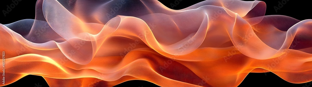 Poster an abstract image featuring flowing waves of translucent fabric-like material in warm orange hues, c