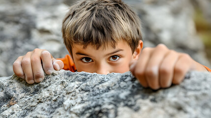 Young Boy Focusing on Rock Climbing Challenge with Determined Expression and Climbing Hands on Rocky Surface in Natural Outdoor Setting