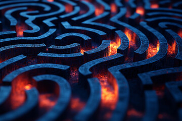 A close-up view of an intricate maze illuminated by glowing lights