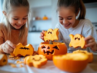 Fototapeta premium Happy Children Carving Pumpkins For Halloween.