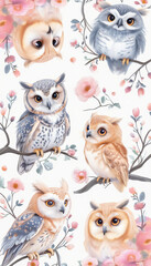 Fototapeta premium Watercolor owls perched on branches in a forest-themed pattern