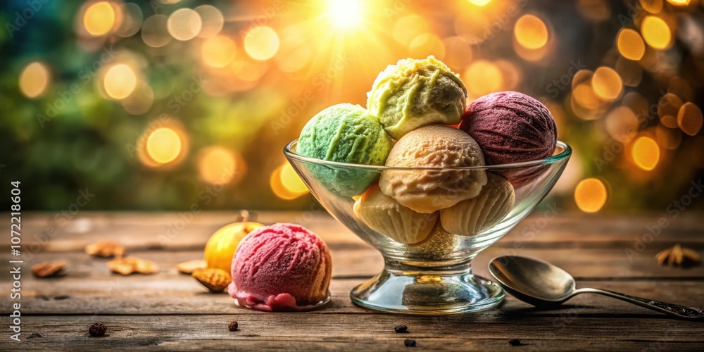 Poster a glass bowl filled with assortment of creamy ice cream scoops on wooden table with spoon and bokeh 