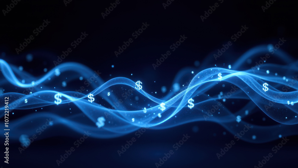 Poster an abstract digital illustration featuring a swirling pattern with $ symbols representing cryptocurr