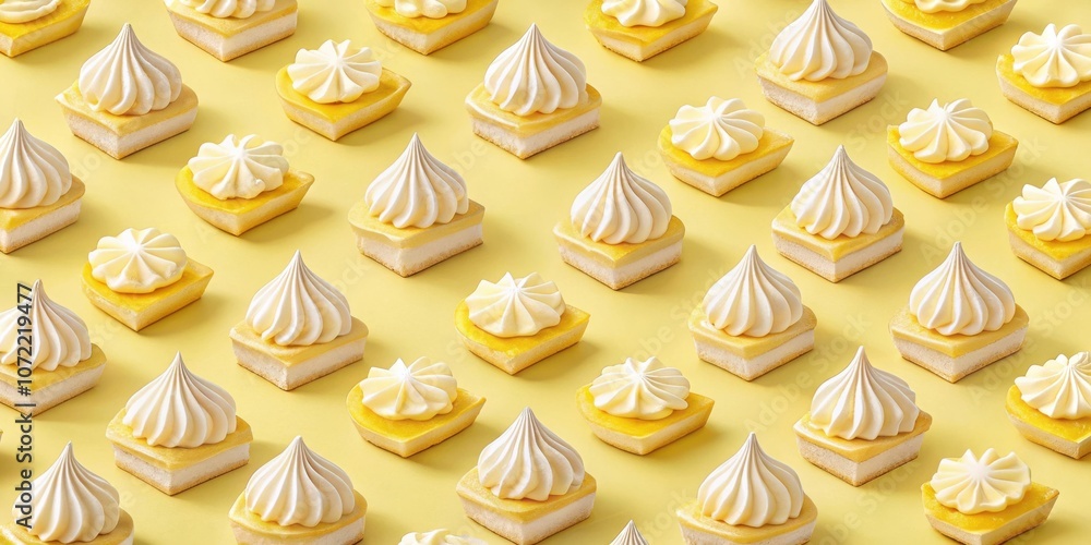 Poster a seamless pattern of delicate white cream and sweet yellow cake on a soft yellow background