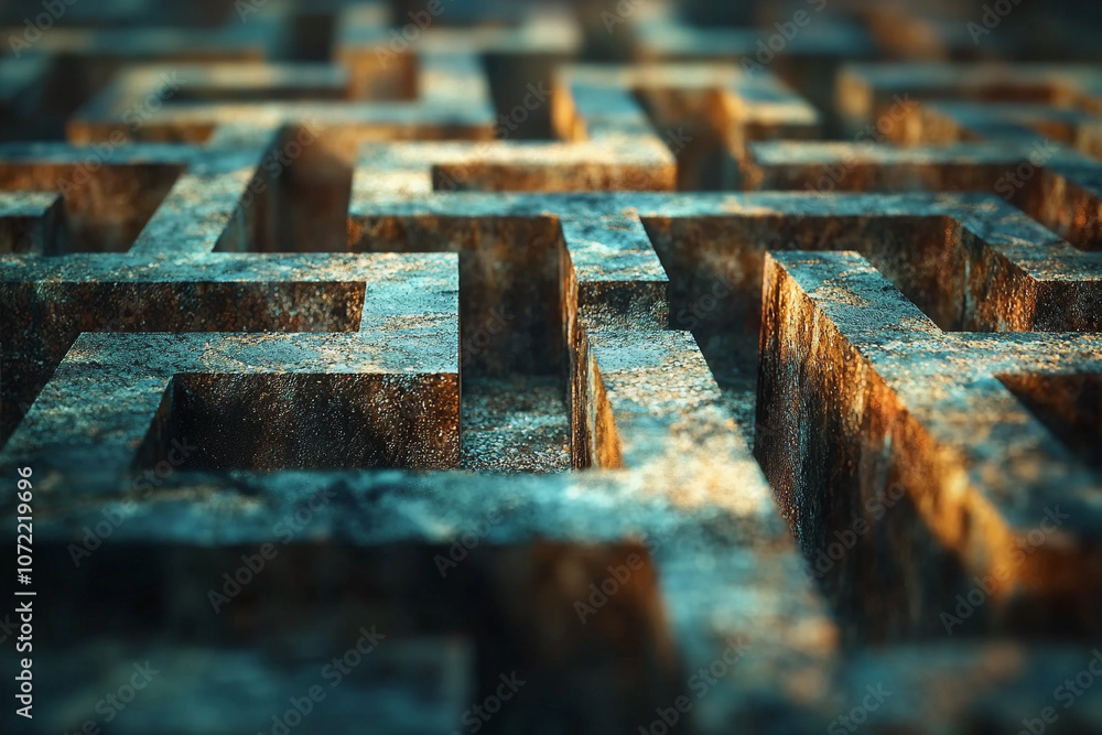 Poster intricate labyrinth design with textured walls and shadows