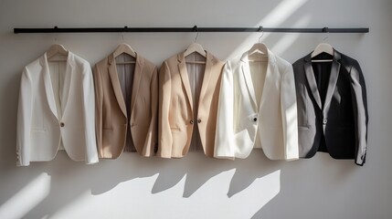 Elegant Collection of Tailored Blazers Displayed on Hangers in a Minimalist Setting with Soft Natural Light and Subtle Shadows