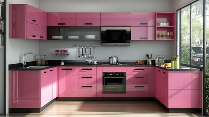 Modern kitchen with pink cabinets, black countertops, and stainless steel appliances.