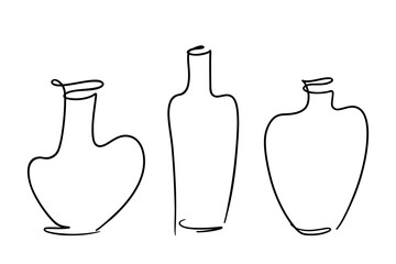 Graphic illustration of a single contour line of three bottles for wine, alcoholic beverage, amphorae, vases. Isolated abstract element for interior decoration, labels, design, decoration, doodle