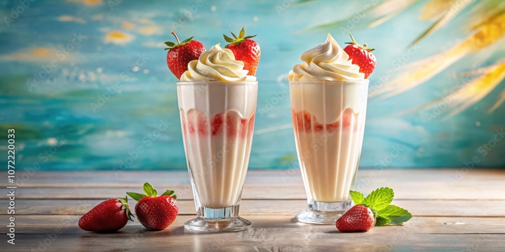 Poster refreshing strawberry milkshakes with whipped cream and fresh berries on a wooden table with a blue 