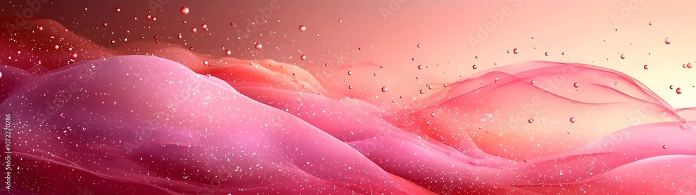 Poster an abstract design featuring soft, flowing waves in shades of pink and red, accented with sparkling 