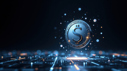 Stablecoin graphic with digital sparkles and a network background.