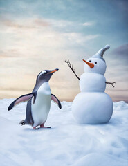 Fototapeta premium A playful penguin builds a snowman in a winter wonderland under a soft, glowing sky during a snowy afternoon