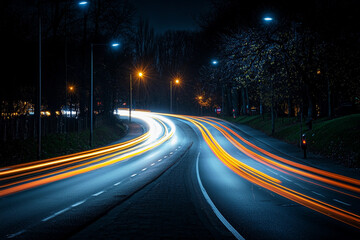 Colorful light trails on a winding road at night in a quiet area