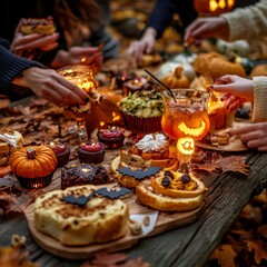 Fototapeta premium Festive Halloween Table with Treats and Drinks.