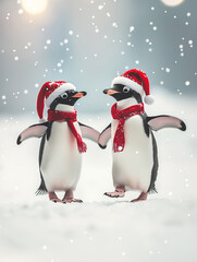 Fototapeta premium Penguins wearing red hats and scarves celebrate Christmas in a snowy landscape during the winter holiday season