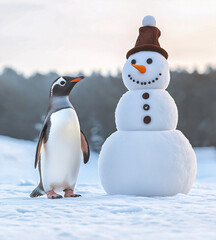 Fototapeta premium A playful penguin builds a snowman in a winter wonderland under a soft, glowing sky during a snowy afternoon