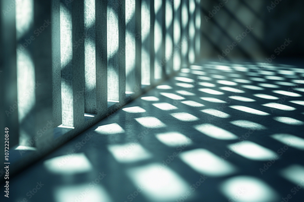 Poster shadows and light patterns cast on a wall and floor at dawn