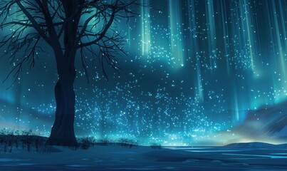 Silhouette of a bare tree under glowing northern lights with starry sky. Night landscape illustration.