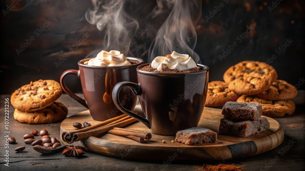 Aufkleber steaming mugs of hot chocolate topped with whipped cream, accompanied by chocolate chip cookies and 
