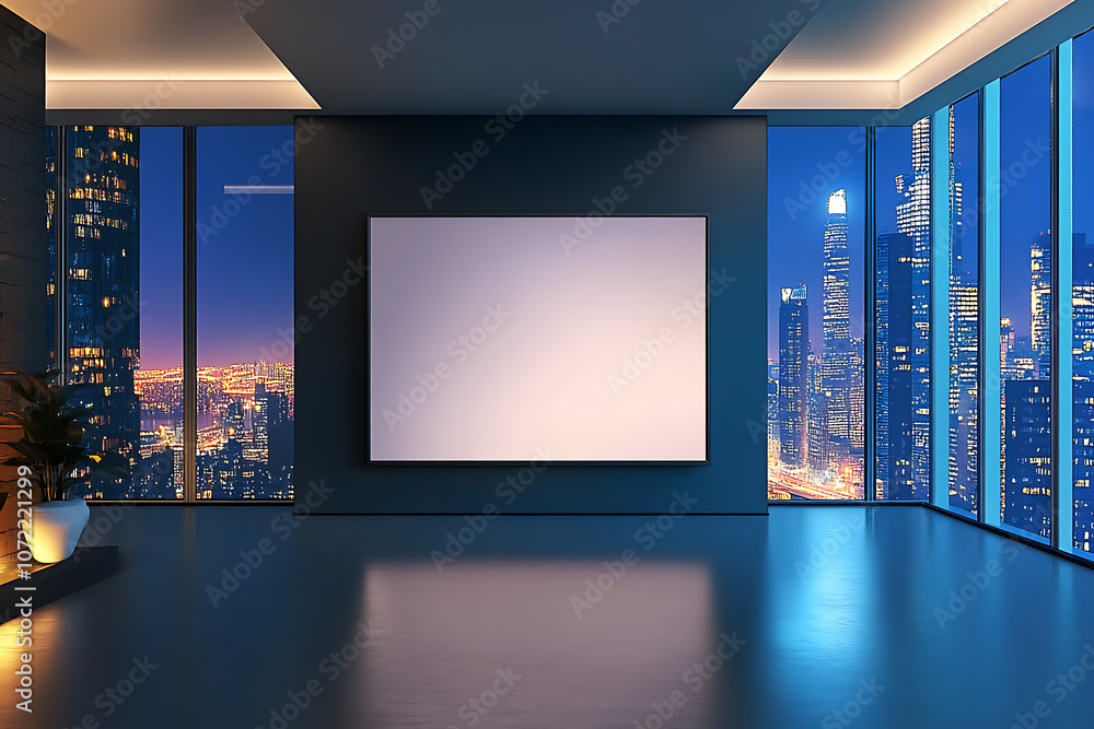 Poster empty modern office interior with large canvas display and panoramic city views at night. 3d renderi