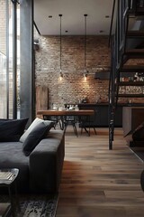 Loft apartment with industrial design, brick walls, and metal accents.