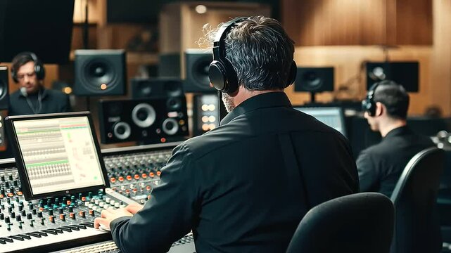 Conductor Leading Orchestra in High Tech Recording Studio