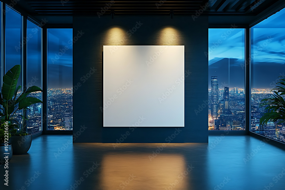 Poster empty modern office interior with large canvas display and panoramic city views at night. 3d renderi