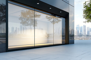 Perspective view on blank light wall background in empty shop window with space for your product presentation behind glass walls with city reflection in modern building outdoors. 3D rendering, mockup