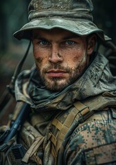 Obraz premium Portrait of a soldier wearing a camouflage hat and a backpack