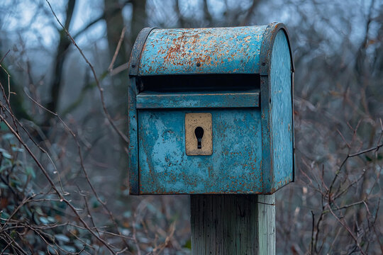 Rusty blue mailbox standing among trees in a cloudy afternoon