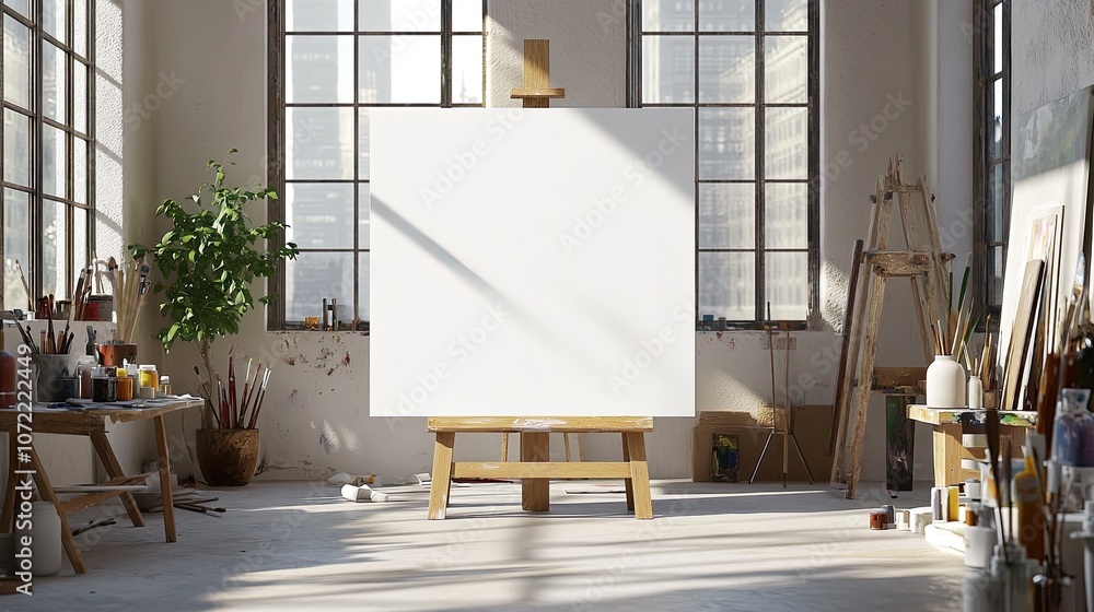 Poster a blank canvas on an easel in an artist's studio with natural light streaming through large windows,