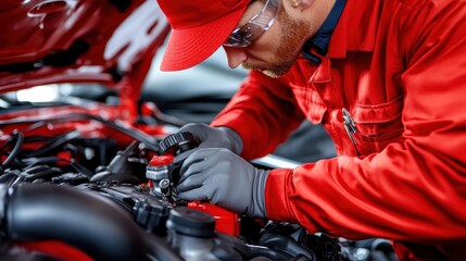 Skilled Mechanic in Red Jumpsuit Wearing Protective Gear Inspecting Engine Components Under the Hood of a Red Car in a Professional Workshop Setting
