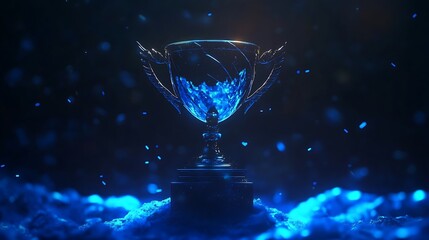 A glowing trophy surrounded by a blue aura, symbolizing achievement and victory.