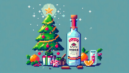 Christmas themed 8bit pixel art illustration of vodka bottle