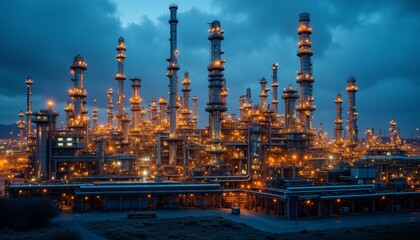 Striking Industrial Refinery Complex Illuminated at Dusk with Pipes.