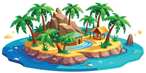 Obraz premium Tropical island illustration vibrant colors with palm trees ideal for travel poster design