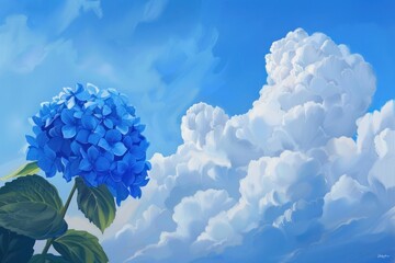 Blue hydrangea flower against a cloudy sky background. Nature and floral concept illustration.