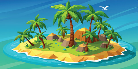 Obraz premium Tropical island vector illustration with palm trees, vibrant colors, ideal for travel themes