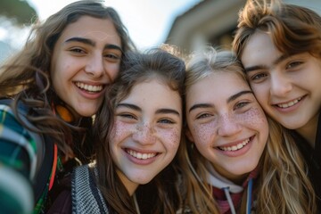 Fototapeta premium Four happy teenage girls taking a selfie together outdoors