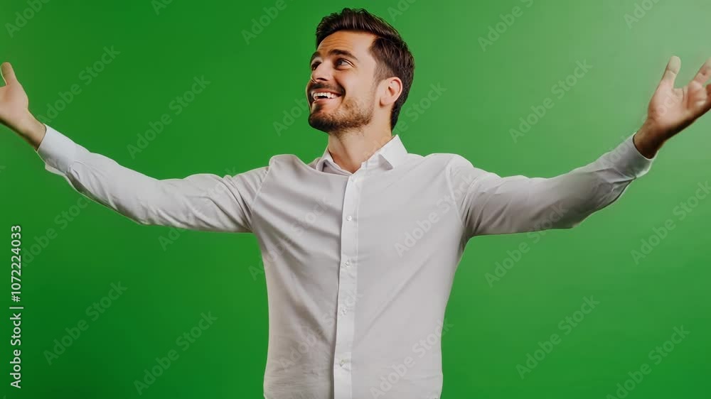 Poster businessman is smiling and gesturing with open hands on a green screen background, perfect for addin