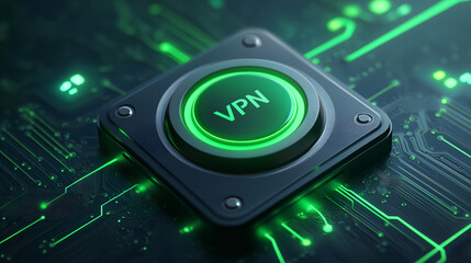 A close-up view of a glowing VPN chip on a dark circuit board.