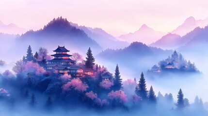 Obraz premium Serene Mountaintop Temple: A mystical Japanese temple nestled amidst a breathtaking landscape of fog-shrouded mountains and vibrant cherry blossoms.