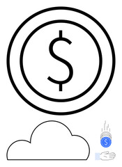 Large dollar sign inside circle above a cloud icon and hand catching coin, representing savings, investments, and cloud computing. Ideal for financial services, banking, cloud storage, fintech